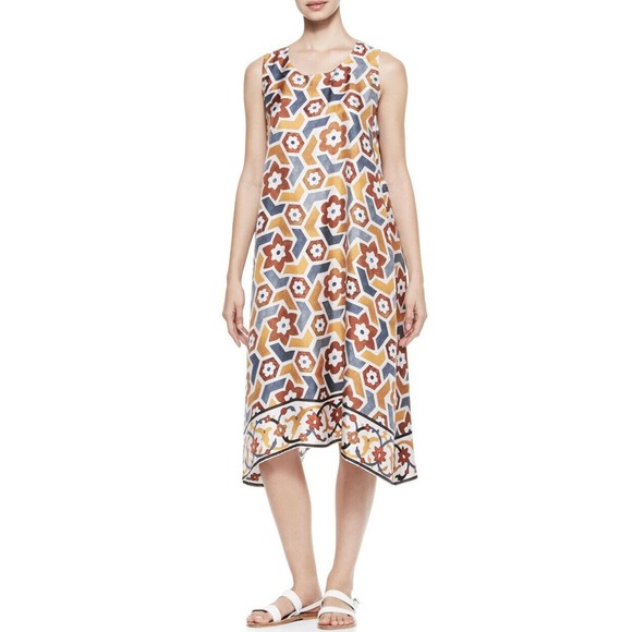 Eskandar MARBLE/MULTI Printed SILK Side Pleated Sleeveless Dress  Sz 1 Lagenlook - Picture 1 of 16
